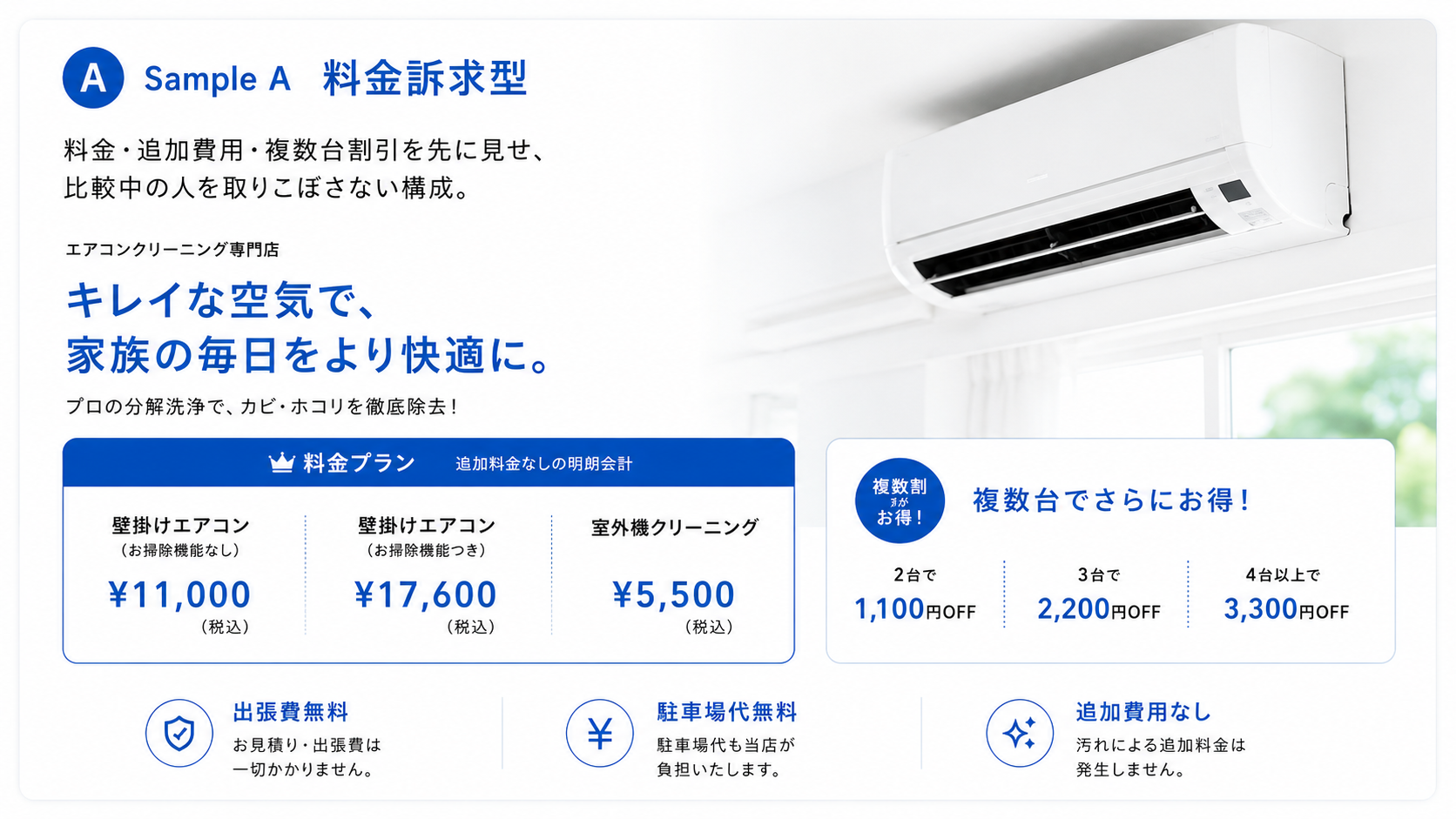 エアコンクリーニングLPの料金訴求、不安解消、予約導線サンプル